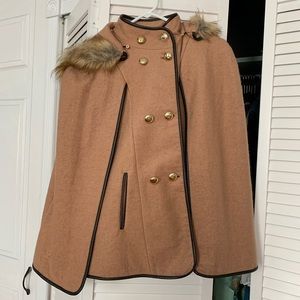 Camel Cape/Coat Double-breasted with Fur Hood